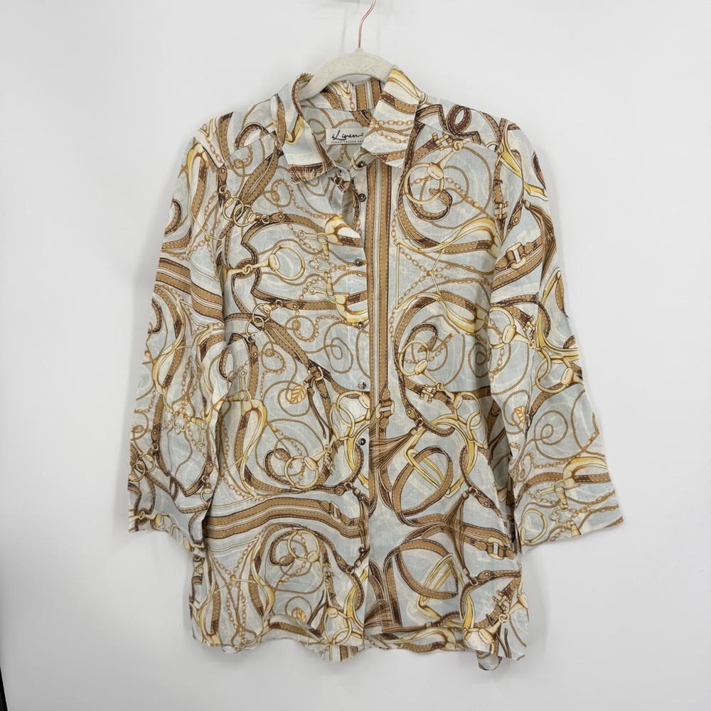 Ilinen Classic Button Down Shirt blue Equestrian 100% linen sz M